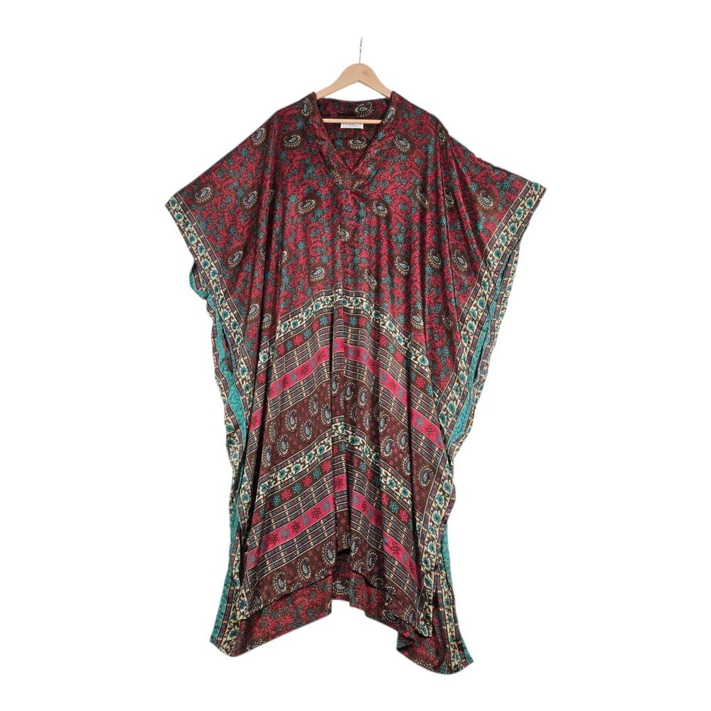 Kantha Bae Kaftan One Size Brown Red Teal Paisley Boho Maxi Dress Muumuu READ